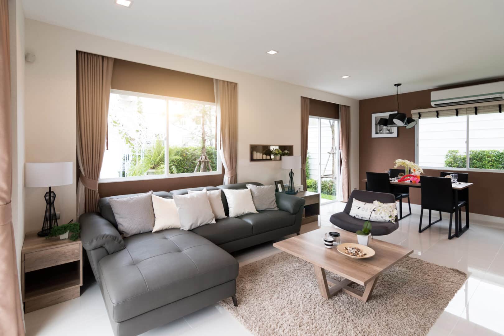 living room with energy-efficient windows